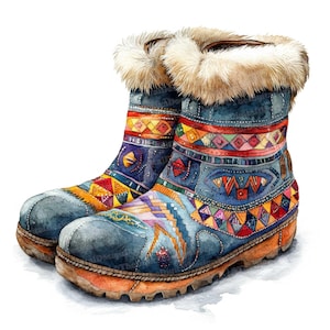 12 traditionele Mukluks-clipart, aquarel Inuit-laarzen, afdrukbare clipart, hoge kwaliteit, digitale download, Paper Craft, Junk Journal, Eskimo