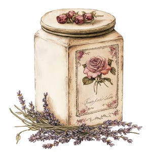12x Lata de Chá Vintage PNG Clipart, Conjunto de Clipart de Latas de Rosa e Lavanda em Aquarela, Arte Digital para Impressão, Clipart Cottagecore