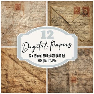 12x Return Fold Script Junk Journal Paper Vintage Letter Digital Paper Pack Handwritten Script with Stamps