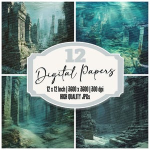 12x Underwater Ruins Junk Journal Paper,Lost City Digital Paper Pack,Fantasy Ocean Temple Backgrounds,High Quality JPGs,Atlantis Backgrounds
