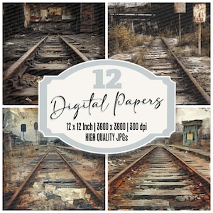 12x Abandoned Railway Junk Journal Paper, Rusted Train Track Digital Paper Pack, Industrial Grunge Textures, Scrapbook Backgrounds