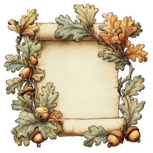 Puede incluir: Ilustración de un pergamino enmarcado por hojas de roble y bellotas. Las hojas son en tonos verdes, amarillos y marrones, con vetas detalladas. Las bellotas son de color marrón cálido. El pergamino tiene un centro en blanco color crema.