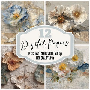 Paquete de 12 diagramas Atlas de ruta de pétalos, papel de diario basura, diseño de mapa floral vintage, archivos JPG de alta calidad, papel digital imprimible