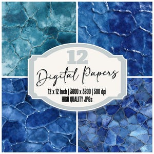 May include: A digital art print featuring four panels of abstract, textured designs in shades of blue and teal. The image includes a central label with the text "12 Digital Papers" and specifications: 12 x 12 inch, 3600 x 3600, 300 dpi, and "HIGH QUALITY JPGs."
