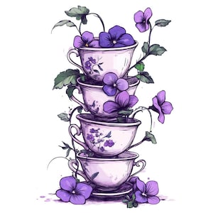 12x Tazze da tè impilate PNG Clipart, Set di Clip Art di Tazze da tè con Fiori Viola, Arte ad Acquerello Stampabile, Clipart di Diario di Scartoffie, Tea Party Digitale