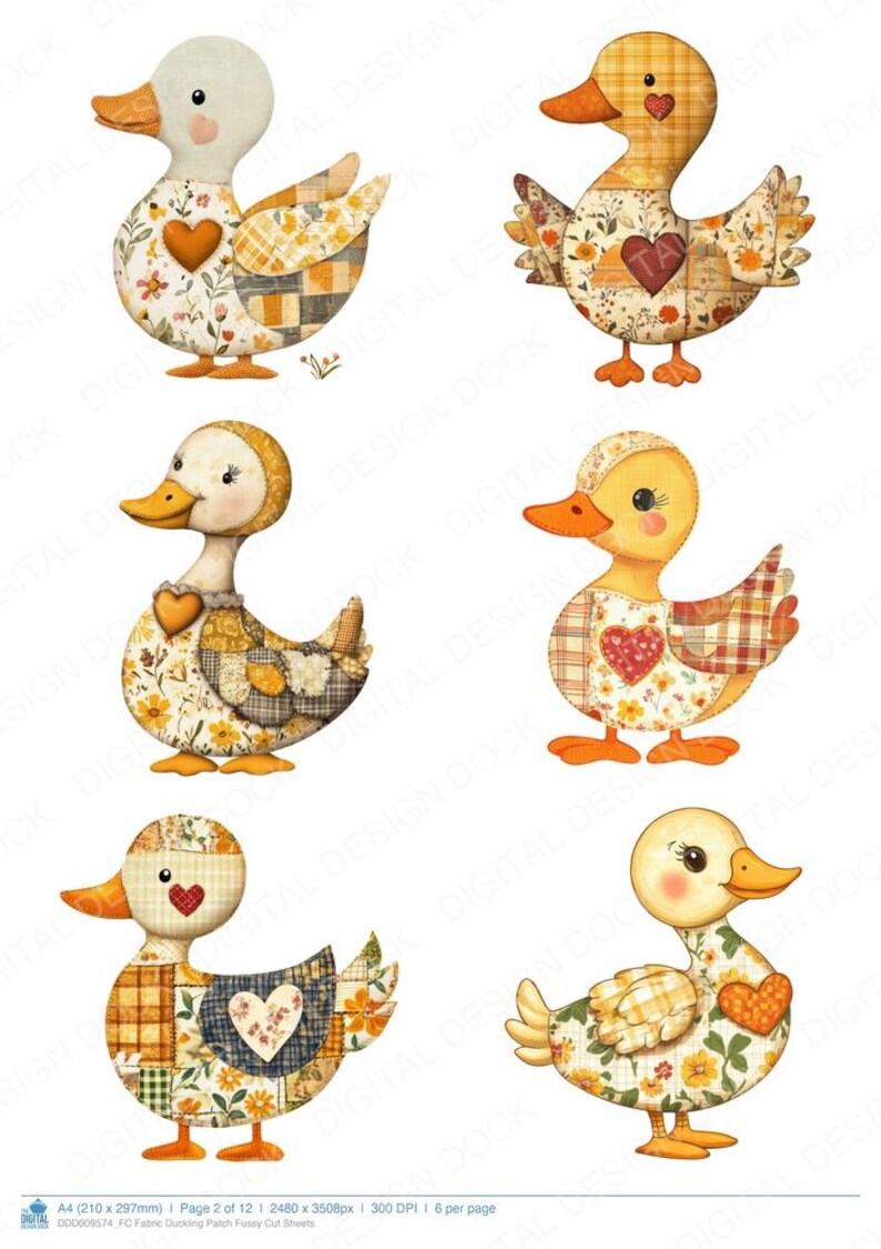 Fabric Duckling Patch Fussy Cut Sheets, 12x Printable Duckling Pages ...