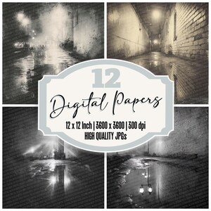 Op de afbeelding: Een digitaal product met vier zwart-wit afbeeldingen van nachtelijke stadsgezichten. De afbeeldingen tonen steegjes en straten met reflecties in plassen. Het product bevat 12 digitale papers, elk 30,48 x 30,48 cm, 3600 x 3600 pixels en 300 dpi.