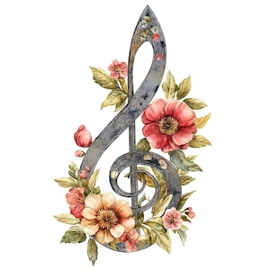 12 Music Clef Floral PNG Clipart, Flowers Music Note Watercolor Clip Art, Printable Clip Art, High Quality PNG/JPG, Digital Download
