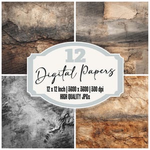 Pode incluir: Uma colagem de quatro texturas de papel digital em tons de castanho, cinza e bege. A imagem inclui um rótulo central com o texto "12 Digital Papers" e detalhes sobre o tamanho e a resolução do papel.