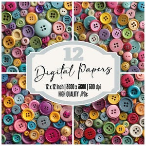 Puede incluir: Una colección de botones coloridos en varios tamaños y tonos, incluyendo rosa, amarillo, azul y verde. La imagen presenta una variedad de estilos de botones, con el texto "12 Digital Papers" y especificaciones de tamaño y resolución.
