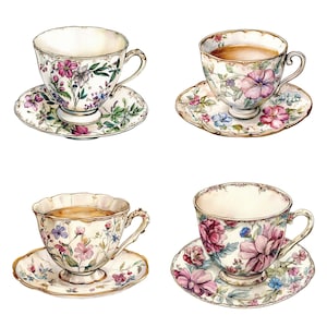 May include: Four teacups and saucers with floral patterns. The cups are white with gold trim and feature pink, blue, and green flowers. The saucers are white with gold trim and feature pink, blue, and green flowers.