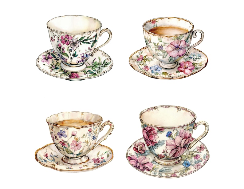 May include: Four teacups and saucers with floral patterns. The cups are white with gold trim and feature pink, blue, and green flowers. The saucers are white with gold trim and feature pink, blue, and green flowers.