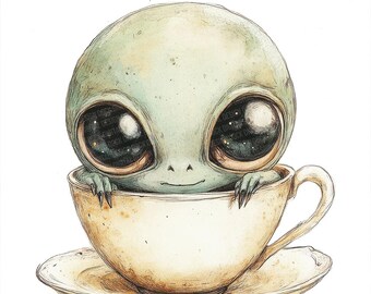 Alien Clipart, 12x Teacup Alien PNG Clip Art Set, Printable Watercolor Clip Art, Digital Download, Paper Crafts, Junk Journal Bundle