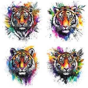 May include: Four colorful tiger portraits with watercolor effects. Each tiger face is rendered in vibrant hues of orange, yellow, purple, and blue, with black stripes and accents. The designs include splashes of color and foliage, creating a dynamic and artistic composition.