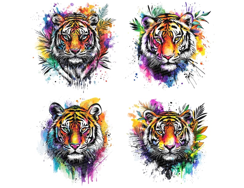 May include: Four colorful tiger portraits with watercolor effects. Each tiger face is rendered in vibrant hues of orange, yellow, purple, and blue, with black stripes and accents. The designs include splashes of color and foliage, creating a dynamic and artistic composition.