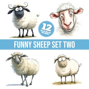 Lustige Schaf Clipart, 12 JPGs, Schaf-Gesichter druckbares Bild, Tiere Illustration, Wandkunst, digitaler Download, Junk Journals, T-Shirt Grafik