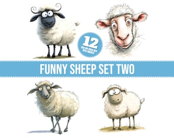 Funny Sheep Clipart, 12 JPGs, Sheep Faces Printable Image, Animals Illustration, Wall Art, Digital Download, Junk Journals, T-shirt Graphic