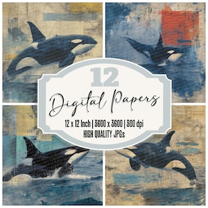 Paquete de 12 papeles digitales Orca Junk Journal con marcas náuticas, archivos JPG de alta calidad, textura desgastada, papel para álbum de recortes, descarga digital