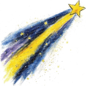 May include: A yellow star with a trail of yellow, blue, and purple streaks against a white backdrop. The illustration has a hand-drawn, crayon-like texture, suggesting a whimsical or artistic theme. Small yellow stars are scattered along the trail.