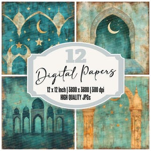 12x arc de calligraphie en croissant, papier journal indésirable, arc islamique avec lune et étoiles, conception JPG de haute qualité, téléchargement numérique