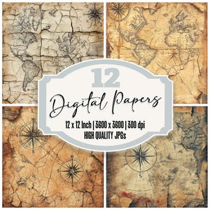 12 couches de carte vieillie, papier pour journal indésirable, paquet de papier numérique vintage, arrière-plans nautiques en détresse, JPG de haute qualité, papier de scrapbooking numérique