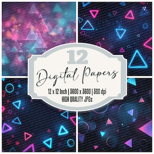 Könnte beinhalten: Ein digitaler Kunstdruck mit vier Tafeln, die geometrische Formen auf dunklem Hintergrund zeigen. Das Bild enthält neonfarbene rosa, blaue und violette Dreiecke und Kreise. Der Text lautet "12 Digital Papers, 12 x 12 Inch | 3600 x 3600 | 300 dpi, HIGH QUALITY JPGs."