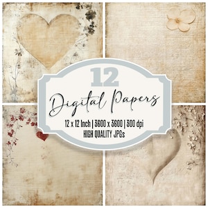 Paquete de 12 papeles digitales de pergamino sagrado con diseño de corazones vintage, fondos florales, archivos JPG de alta calidad, descarga para álbumes de recortes.