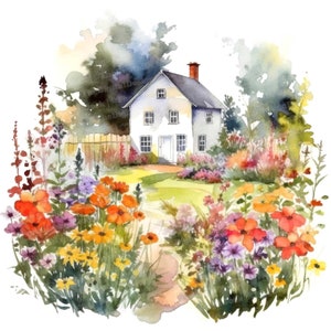 12x Country Cottage Clipart, Flower Garden JPG Clipart, Printable Watercolor Clipart, Wall Art, Paper Crafts,Digital Download,Junk Journals