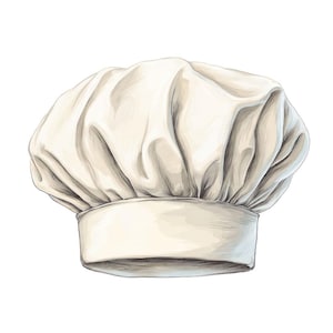 Può includere: Illustrazione dettagliata di un classico cappello da chef bianco. Il cappello presenta una corona alta e gonfia e una fascia larga e rigida alla base. L'opera d'arte utilizza l'ombreggiatura per creare un senso di profondità e consistenza, evidenziando le pieghe e la forma del tessuto.