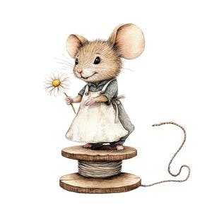 Peut inclure: Une charmante illustration à l'aquarelle d'une souris vêtue d'une tenue grise et d'un tablier blanc, tenant une marguerite. La souris se tient sur une bobine de fil en bois, avec un fil qui s'étend de la bobine. L'image a un aspect fantaisiste et de conte de fées.
