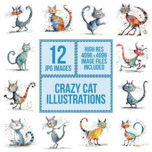 12x Crazy Cats Aquarell Katze Clipart JPG Digital Clip Art Bundle Downloads JPEG-Datei T-Shirt Designs Kommerzielle Nutzung Kartenherstellung Bilder