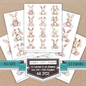 Könnte beinhalten: Aquarellillustrationen von Hasen in verschiedenen Posen werden auf mehreren weißen Papierbögen gezeigt. Die Hasen sind in sanften Pastellfarben gehalten, mit rosa und beige Akzenten. Das Bild enthält den Text "Fussy Cut Pages" und "US Letter & A4 Sheets Inc. JPG + PNG Clipart 48 PCS".