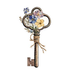 Sleutel met geperste bloem PNG-clipart, 12 x vintage sleutel met bloem Clip Art Set, afdrukbare illustraties, digitale download, Junk Journal-bundel