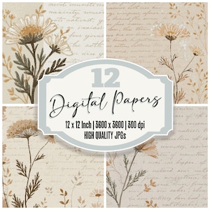 May include: A digital paper set featuring four panels with floral and botanical designs in beige, brown, and cream tones. The image includes the text "12 Digital Papers" and details about the paper size and resolution.