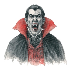May include: Watercolor illustration of a vampire with an open mouth, baring fangs. The vampire has dark hair, red eyes, and a red and black cape. The image is a portrait, with the vampire's face centered.