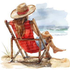 Clipart scena spiaggia rilassante, 12 JPG, Clipart donna su sedia da spiaggia, Clipart acquerello stampabile, Artigianato di carta, Arte murale, Download digitale