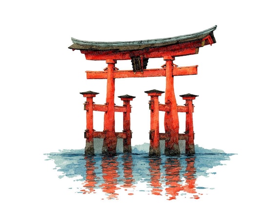 水彩画風の神道鳥居PNGクリップアート12点、印刷可能な日本の建築