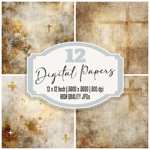 May include: A set of 12 digital papers with a vintage, textured appearance. Each paper features a cross design in gold or a subtle cross pattern. The papers are 30.48 x 30.48 cm and 3600 x 3600 pixels, with a resolution of 300 dpi.