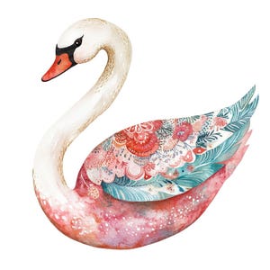 Boho Swan PNG Clipart, 12 x cygne décoratif Clip Art Set, clipart aquarelle imprimable, créations en papier, téléchargement numérique PNG