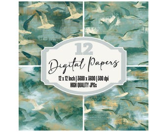 Seamless Gouache Gulls Junk Journal Paper Pack 12x Jade Aqua Birds Digital Paper Textured Backgrounds Scrapbook Paper Digital Download