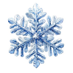 May include: A detailed watercolor painting of a blue snowflake with intricate details. The snowflake is rendered with a realistic style, capturing the delicate beauty of a winter icon.