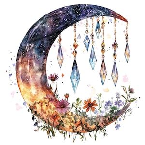 Puede incluir: Pintura acuarela de una luna creciente con una textura de cielo estrellado. La luna está adornada con una guirnalda de cadenas doradas y colgantes de cristal. La luna está rodeada de una variedad de flores coloridas.
