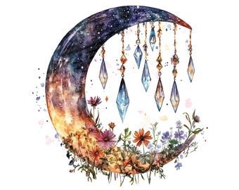 Crescent Moon PNG Clipart, 12x Boho Moon Crystal Clip Art Set, Printable Watercolor Celestial Clip Art, Paper Crafts, Digital Download