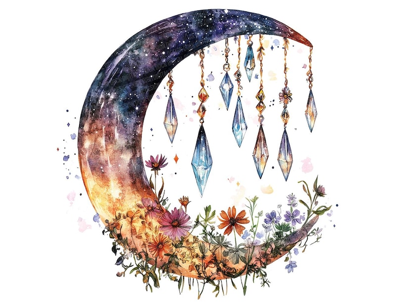 May include: Watercolor painting of a crescent moon with a starry sky texture. The moon is adorned with a garland of gold chains and dangling crystal-like pendants. The moon is surrounded by a variety of colorful flowers.