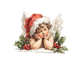 Arte de Querubim de Natal, Conjunto de 12 Clipart Vintage de Anjo com Azevinho, Clipart de Natal em Aquarela para Imprimir, Download Digital, PNG Transparente