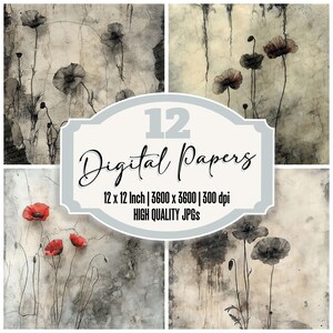 12x Verwelkte Mohnblume Staub Junk-Journal-Papier Digitales Papier Pack beunruhigt Floral Hintergründe Hohe Qualität JPGs Grunge Scrapbook Printable