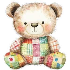 Patchwork Teddy Bear PNG Clipart, 12x Quilted Bear Clip Art Set, Watercolor Fabric Teddy Illustration, Printable Clip Art, Digital Download