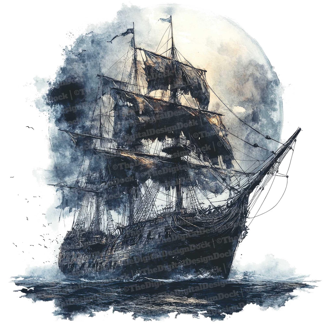 12 幽霊船のクリップアート、水彩画の幽霊船、印刷可能なクリップ