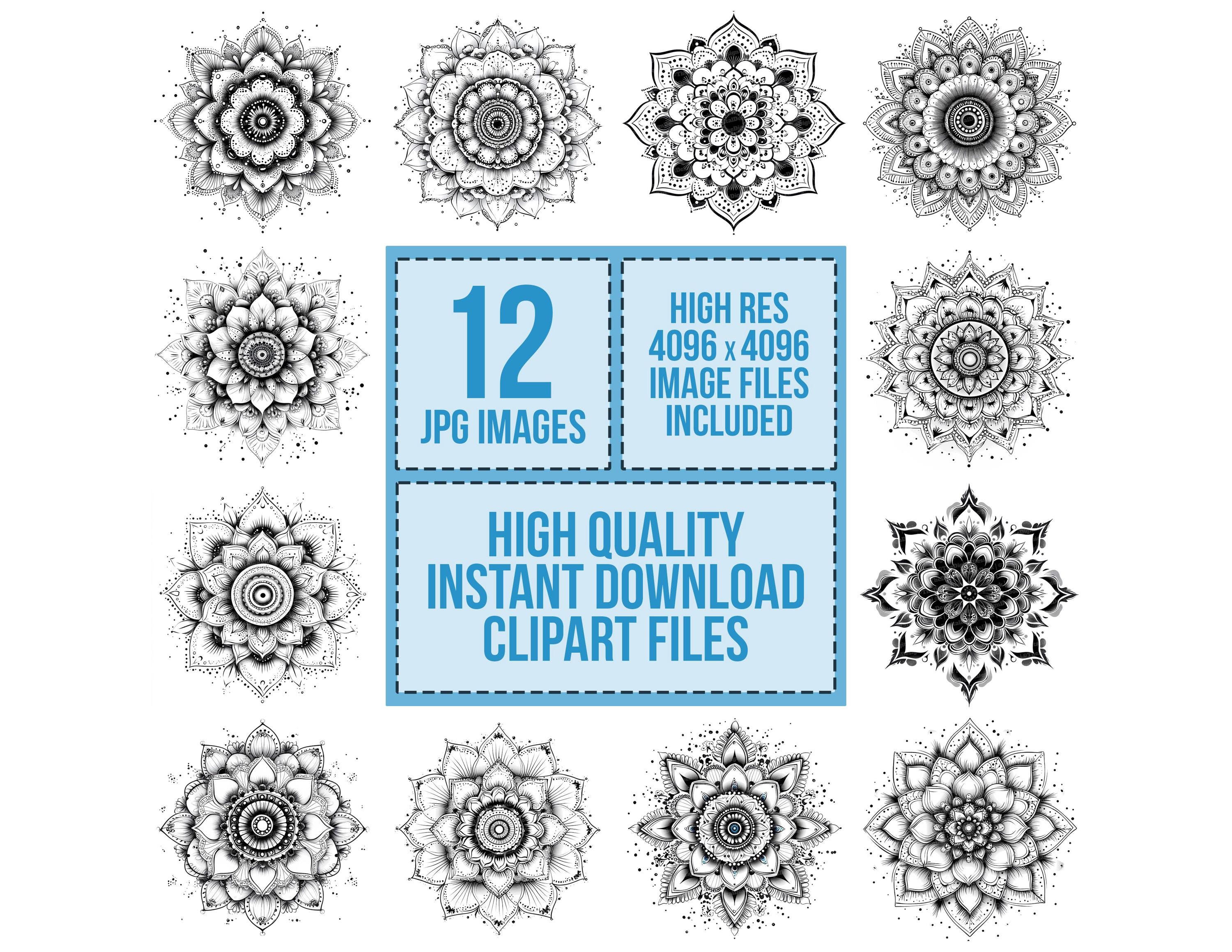 Mandala Clip Art, 12x Intricate Line Art Clipart Set, Printable Black and White Clip Art, Zentangle Design, Digital Download, Coloring Page
