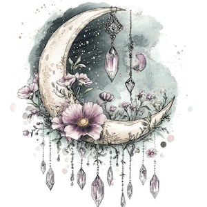 May include: A watercolor painting of a crescent moon with delicate flowers and hanging crystals. The moon is painted in shades of beige and white, with a soft, ethereal glow. The flowers are a soft pink and purple, and the crystals are clear and sparkling. The background is a soft, watercolor wash of blue and green.